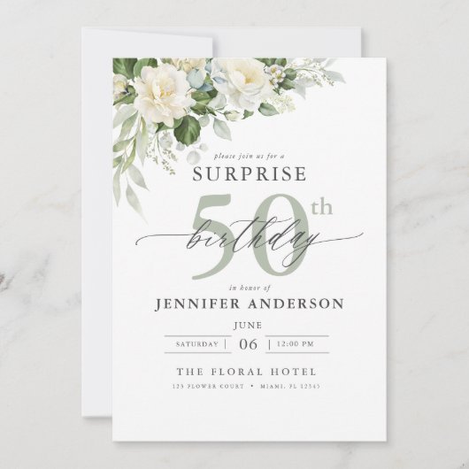 グレーエレガントグリーンフローラサプライズ誕生日 招待状 (正面)