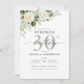 グレーエレガントグリーンフローラサプライズ誕生日 招待状 (正面)