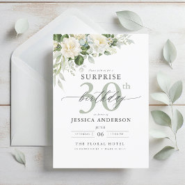 グレーエレガントグリーンフローラサプライズ誕生日 招待状