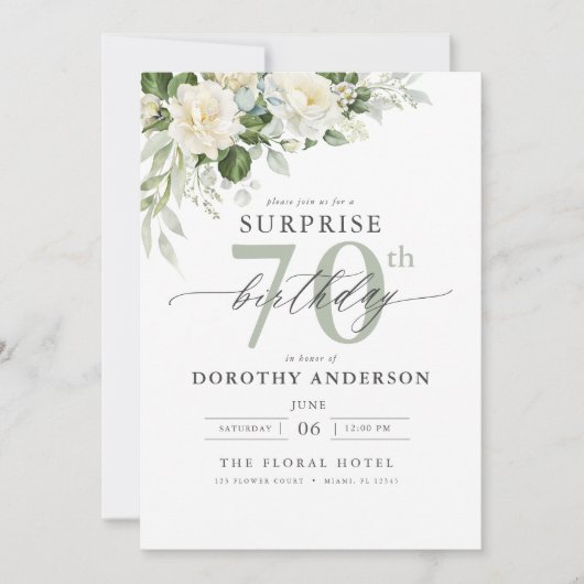 グレーエレガントグリーンフローラサプライズ誕生日 招待状 (正面)