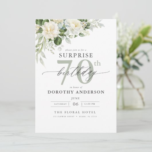 グレーエレガントグリーンフローラサプライズ誕生日 招待状 (スタンド正面)