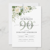 グレーエレガントグリーンフローラサプライズ誕生日 招待状 (正面)