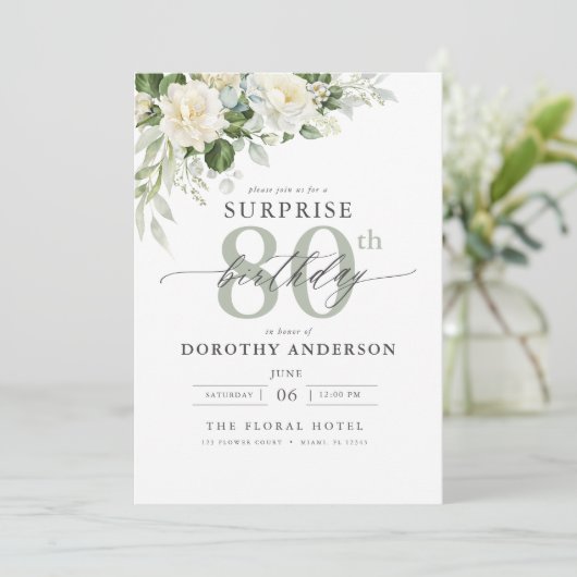 グレーエレガントグリーンフローラサプライズ誕生日 招待状 (スタンド正面)