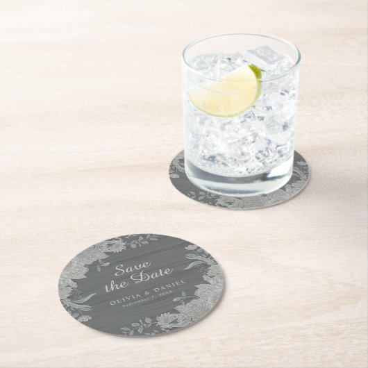 グレーエレガントシルバーフローラ日付を保存結婚する ラウンドペーパーコースター (インサイチュ)