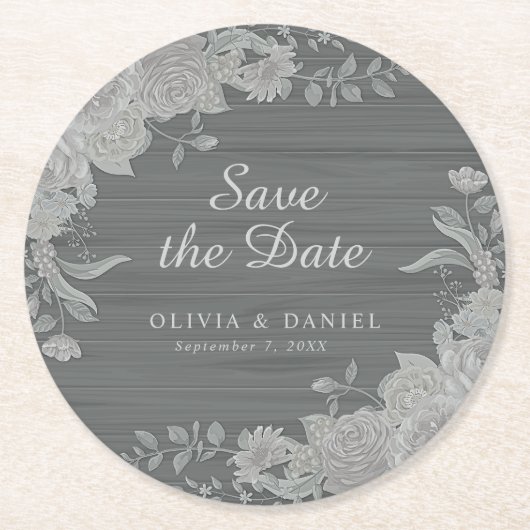 グレーエレガントシルバーフローラ日付を保存結婚する ラウンドペーパーコースター (正面)