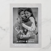 グレーエレガントシルバー箔(写真付き)日付を保存 箔招待状 (正面)