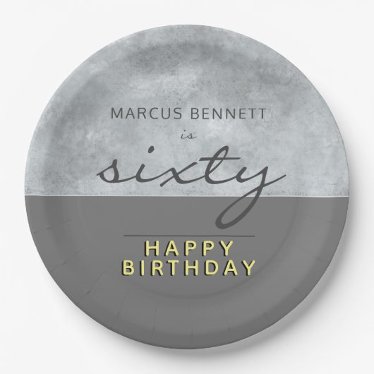 グレーエレガントスクリプト60歳の誕生日パーティー ペーパープレート (正面)