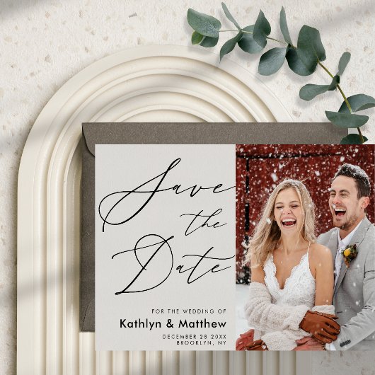 グレーエレガントスクリプモダントの写真シンプルの結婚 セーブザデート