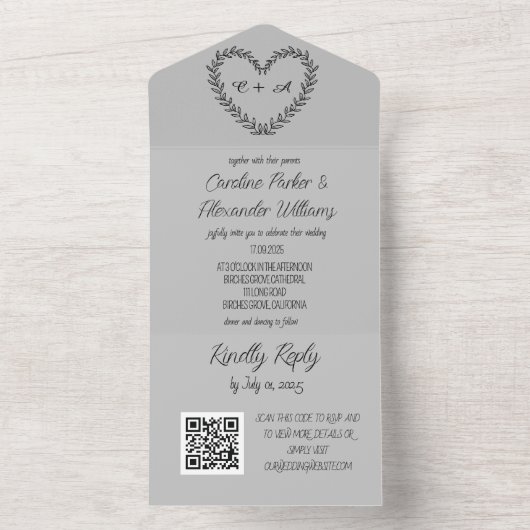 グレーエレガントスクリプユニークモダントRSVP QRコード オールインワン招待状 (内側)