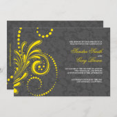 グレーエレガントダマスイエローレース結婚ズ 招待状 (正面/裏面)