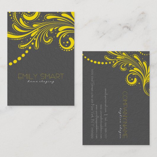 グレーエレガントダマスクとイエローヴィンテージレース 名刺 (正面/裏面)