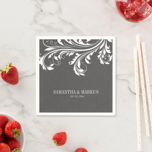 グレーエレガントダマスクとホワイトヴィンテージレース スタンダードカクテルナプキン (インサイチュ)