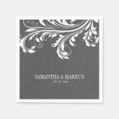 グレーエレガントダマスクとホワイトヴィンテージレース スタンダードカクテルナプキン (正面)