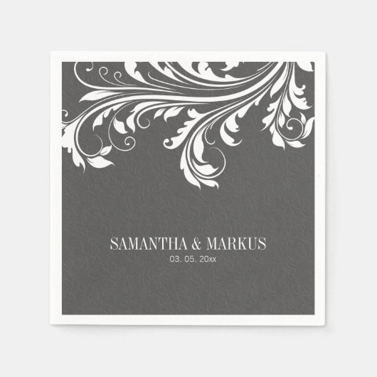 グレーエレガントダマスクとホワイトヴィンテージレース スタンダードカクテルナプキン (正面)