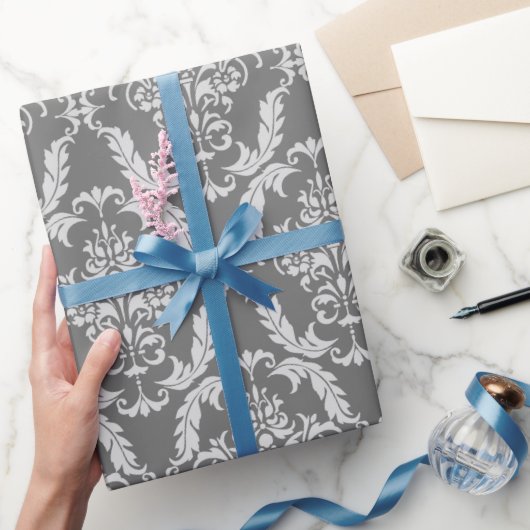グレーエレガントダマスクパターン ラッピングペーパー (ギフト)