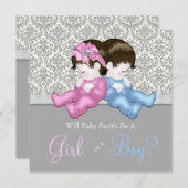 グレーエレガントダマスク性別シャワーを明らかにする 招待状 (正面/裏面)