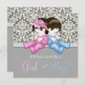 グレーエレガントダマスク性別シャワーを明らかにする 招待状 (正面/裏面)