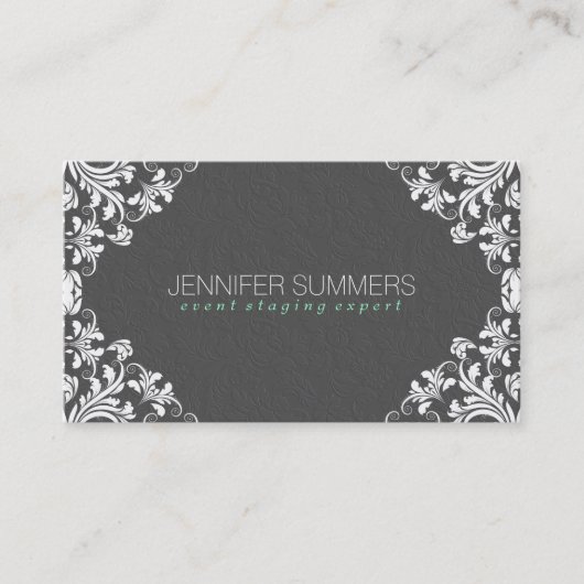 グレーエレガントダマスク白ヴィンテージレースフレーム 名刺 (正面)