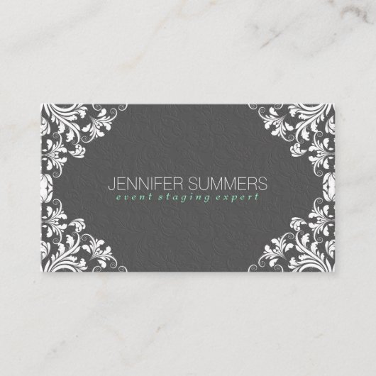 グレーエレガントダマスク白ヴィンテージレースフレーム 名刺 (正面)
