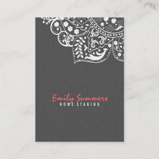 グレーエレガントダマスク&ホワイトヴィンテージレース2 名刺 (正面)