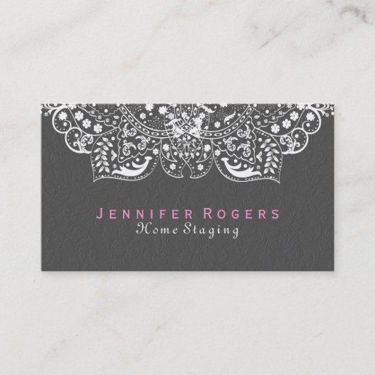 グレーエレガントダマスホワイトヴィンテージレース2c 名刺 (正面)