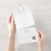 グレーエレガントチノワセリー鳥の結婚紋章のQR オールインワン招待状 (貼ってはがせる)