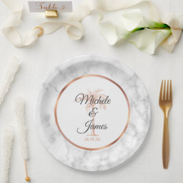 グレーエレガントバラ金ゴールドパームツリーマーブル結婚ズ ペーパープレート