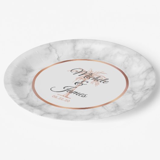 グレーエレガントバラ金ゴールドパームツリーマーブル結婚ズ ペーパープレート (アングル)