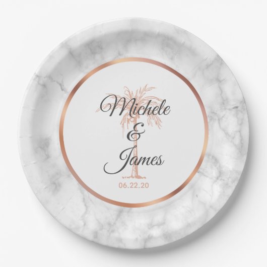 グレーエレガントバラ金ゴールドパームツリーマーブル結婚ズ ペーパープレート (正面)