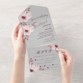 グレーエレガントピンクさび色の水のフローラ結婚 オールインワン招待状 (貼ってはがせる)