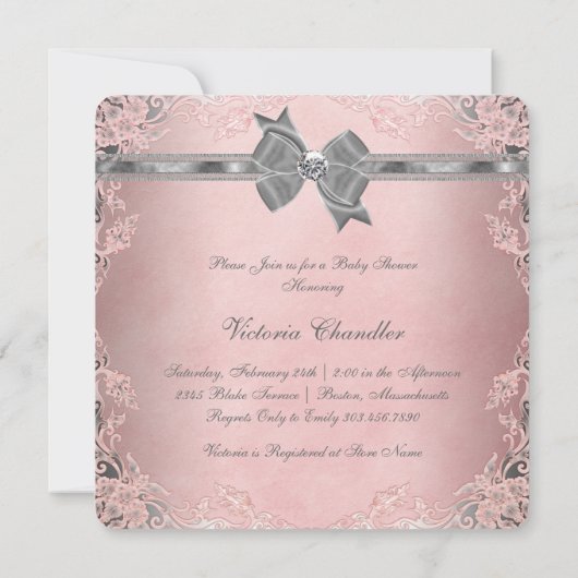 グレーエレガントピンクレース赤ちゃんガールシャワー 招待状 (裏面)