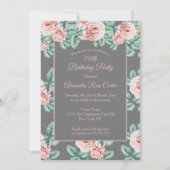 グレーエレガントピンクローズフローラ誕生日パーティー 招待状 (正面)