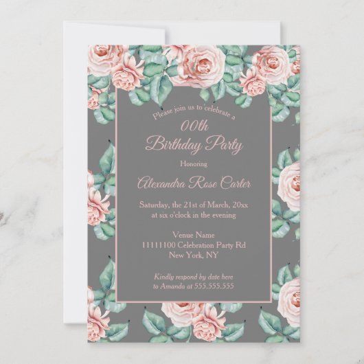 グレーエレガントピンクローズフローラ誕生日パーティー 招待状 (正面)