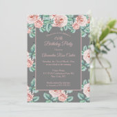 グレーエレガントピンクローズフローラ誕生日パーティー 招待状 (スタンド正面)