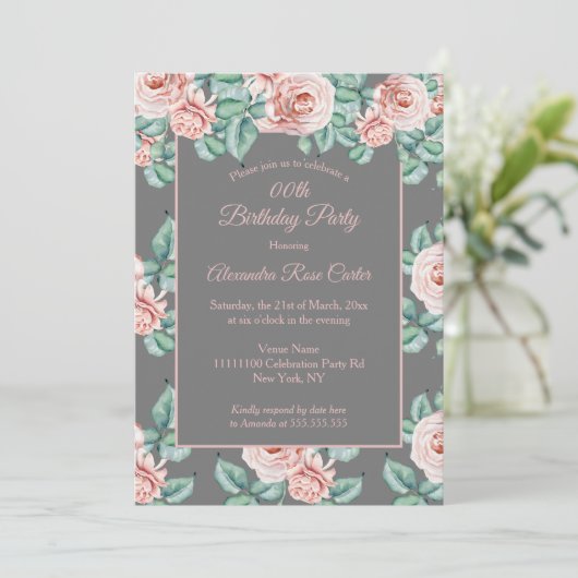 グレーエレガントピンクローズフローラ誕生日パーティー 招待状 (スタンド正面)