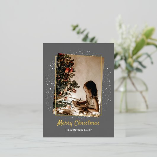 グレーエレガントフォトクリスマス 箔シーズンポストカード (立ち正面)