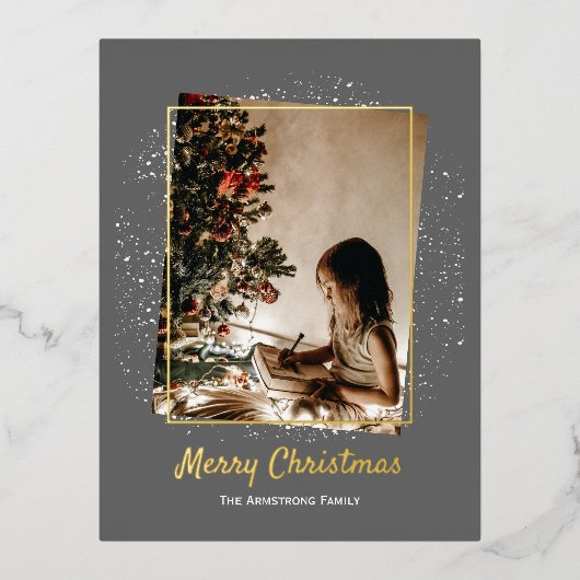 グレーエレガントフォトクリスマス 箔シーズンポストカード (正面)