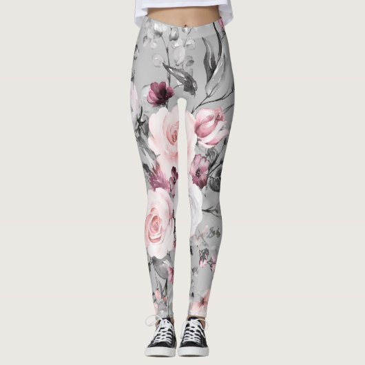 グレーエレガントフローラパターン（の模様が）ある |レギンス レギンス (正面)
