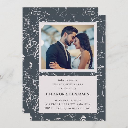 グレーエレガントフローラフォト縁ど婚約パーティ 招待状 (正面/裏面)