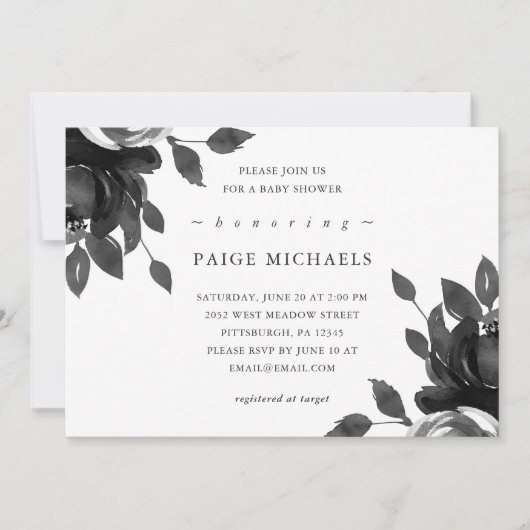 グレーエレガントフローラベビーシャワー 招待状 (正面)