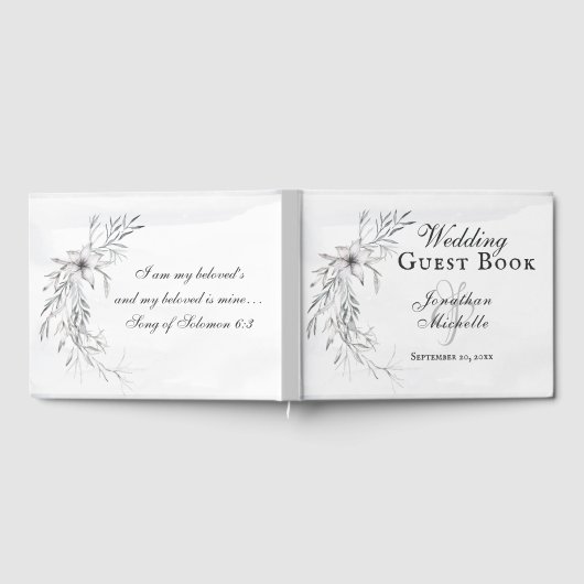 グレーエレガントフローラ水色クリスチャン結婚ズ ゲストブック (全面)