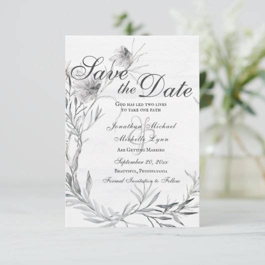 グレーエレガントフローラ水色クリスチャン結婚ズ セーブザデート (スタンド正面)