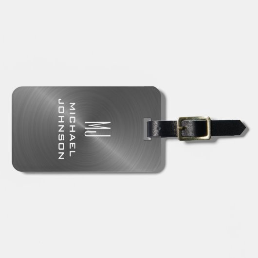 グレーエレガントブラシ仕上げメタリックモノグラムのイニシャル ラゲッジタグ (正面横)