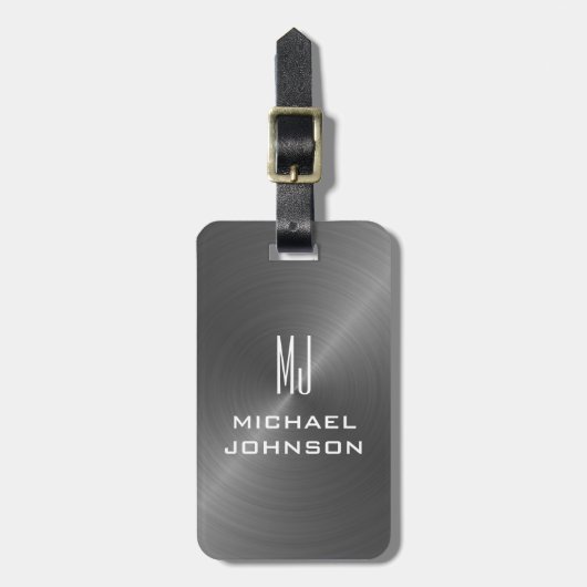 グレーエレガントブラシ仕上げメタリックモノグラムのイニシャル ラゲッジタグ (正面縦)