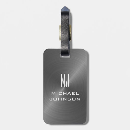 グレーエレガントブラシ仕上げメタリックモノグラムのイニシャル ラゲッジタグ (裏面縦)