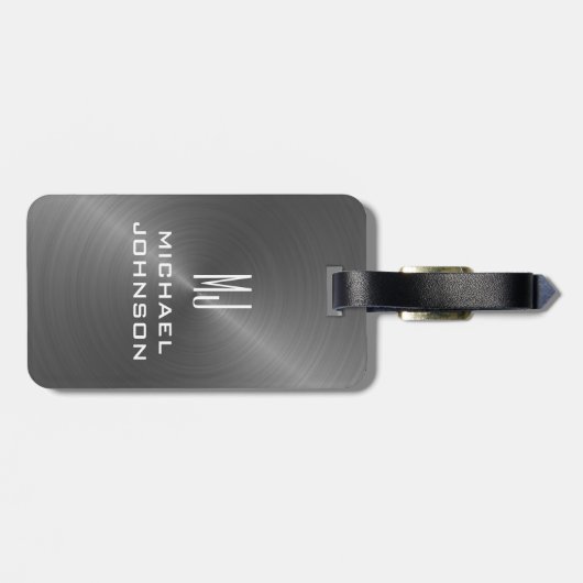 グレーエレガントブラシ仕上げメタリックモノグラムのイニシャル ラゲッジタグ (裏面横)