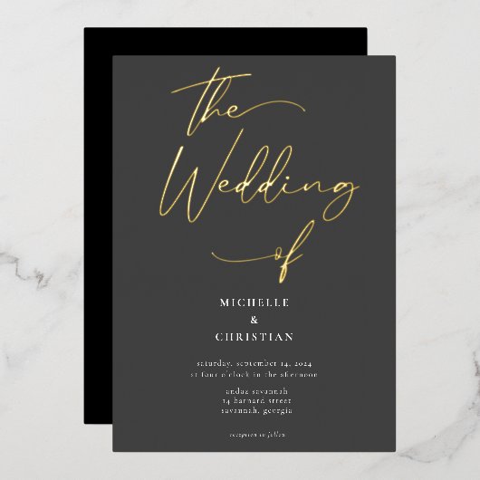 グレーエレガントブラック金ゴールド書道スクリプ結婚ト 箔招待状 (正面/裏面)