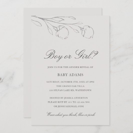 グレーエレガントペンシルのスケッチ花ジェンダー表示 招待状 (正面/裏面)