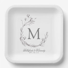 グレーエレガントホワイトボタニカルリース結婚ズ ペーパープレート