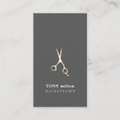 グレーエレガントメフェイクタルはさみヘアスタイリスト 名刺 (正面)